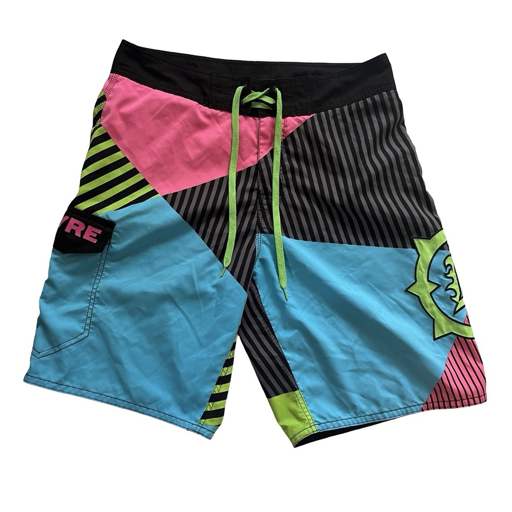 Empyre‎ Men's Size L/XL Swim Trunks Neon Board Shorts Pink Blue Stripe Y2K 2000s